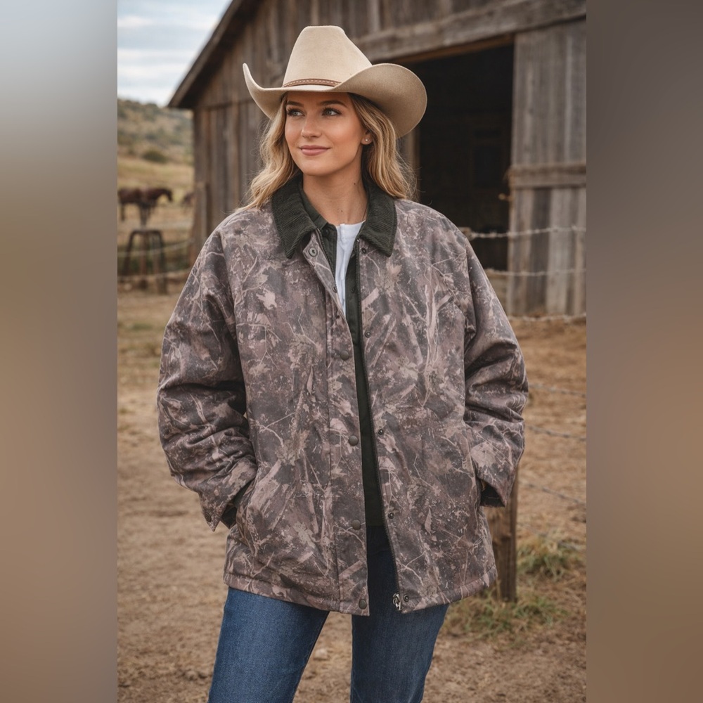 Thread & Supply Taupe Corded Collar Camo Quilted Utility Zip Up Jacket